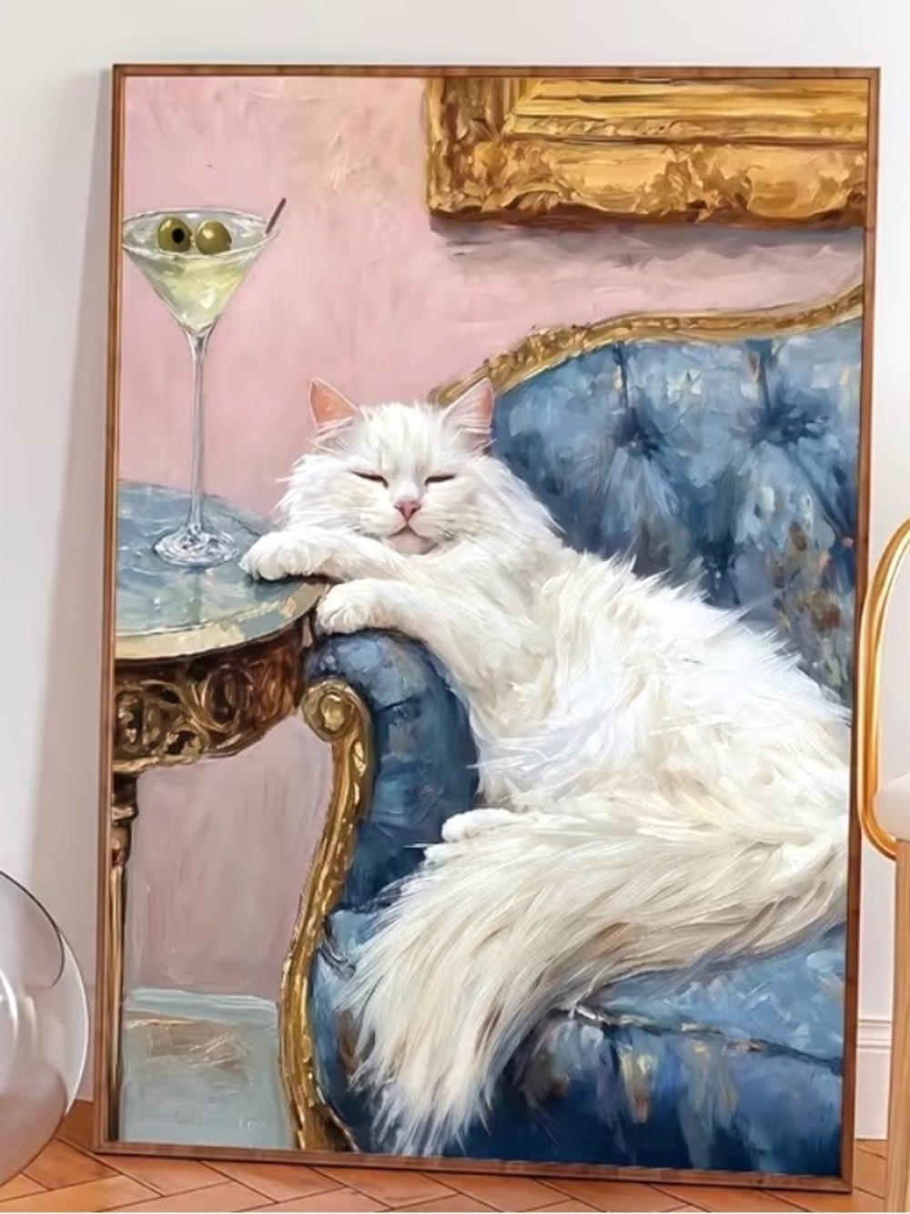 White Cat Art Canvas Print - Elegant Blue & Pink Pet Wall Art